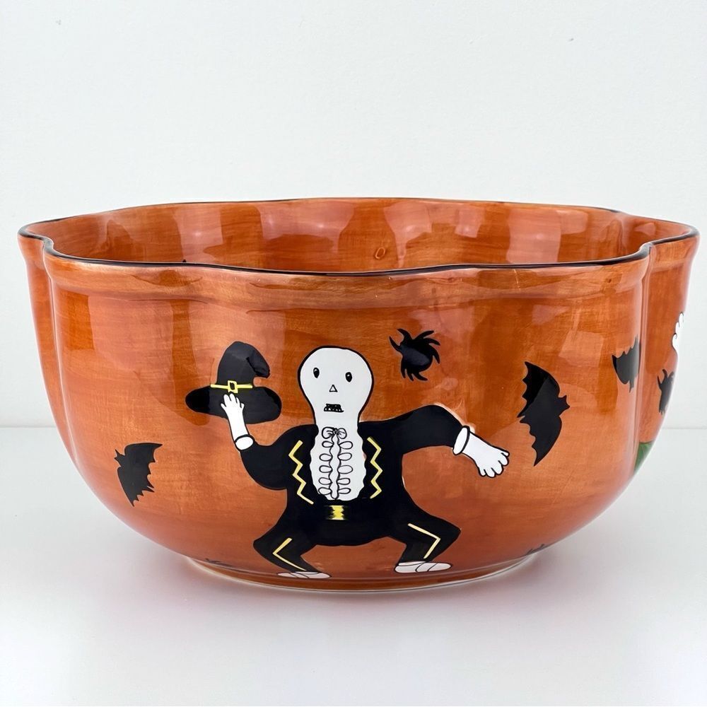 Laurie Gates GATES WARE  Halloween Ruffled Bowl 12’ Skeleton Ghosts Pumpkins